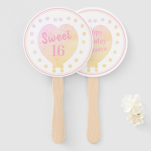 スウィートパーソナライズされた16ハッピーバースデーパステルハート ハンドファン (正面&裏面)