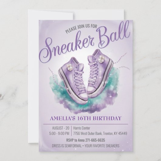 スウィートパーソナライズされた16位誕生日スニーカーボール 招待状 (正面)