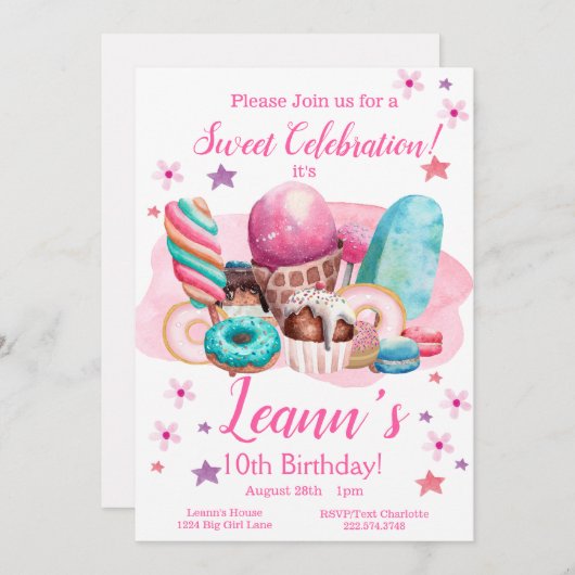 スウィートパーティの招待状、編集可能誕生日起動 招待状 (正面/裏面)