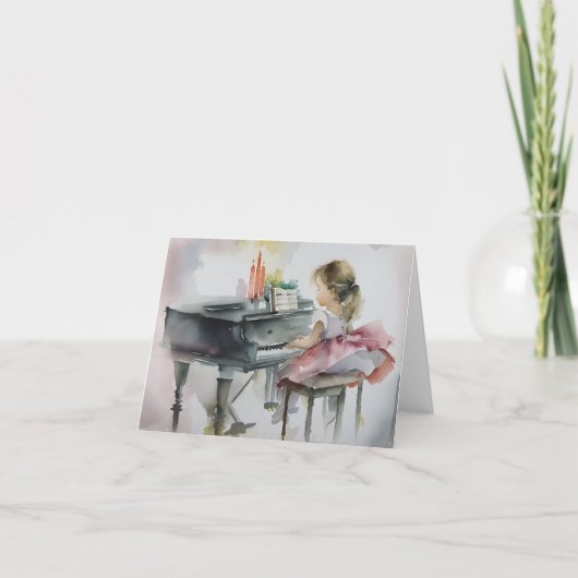 スウィートピアニスト遊小さな女の子のピアノカード サンキューカード (正面)