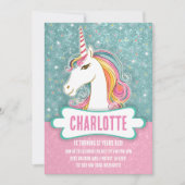 スウィートピンクとブルーのユニコーン誕生日パーティー 招待状 (正面)