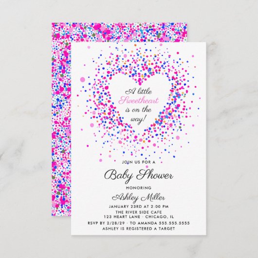 スウィートピンクと紫の紙吹雪赤ちゃんシャワー 招待状 (正面/裏面)