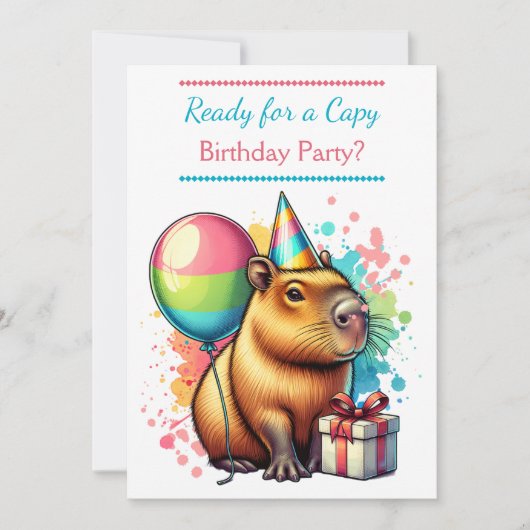 スウィートピンクカピバラをテーマにした少女の誕生日パーティー 招待状 (正面)