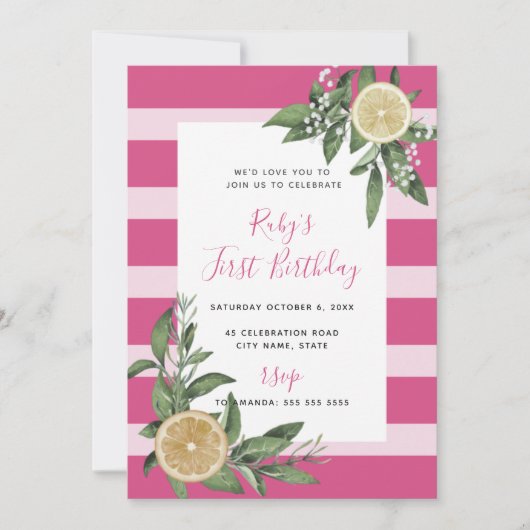 スウィートピンクストライプレモンシトラスファースト誕生日 招待状 (正面)
