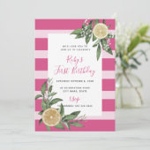 スウィートピンクストライプレモンシトラスファースト誕生日 招待状 (スタンド正面)