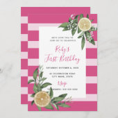 スウィートピンクストライプレモンシトラスファースト誕生日 招待状 (正面/裏面)