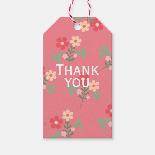 スウィートピンクデイジーブーケレトロパターンサンキュー ギフトタグ (正面)
