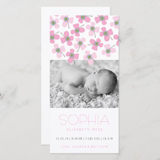 スウィートピンクデイジーベビーガール誕生のお知らせ 案内状 (正面/裏面)