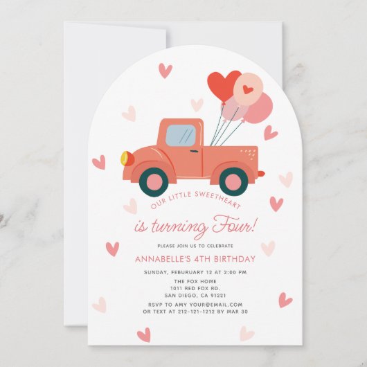 スウィートピンクトラックバルーンガール誕生日 招待状 (正面)