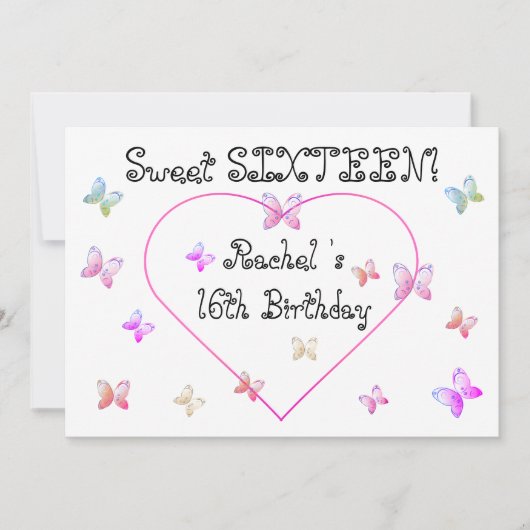 スウィートピンクハートバタフライ スウィート16バースデー 招待状 (正面)