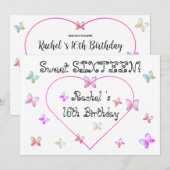 スウィートピンクハートバタフライ スウィート16バースデー 招待状 (正面/裏面)