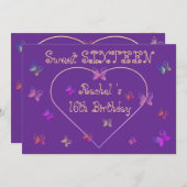 スウィートピンクハート蝶スウィート16誕生日 招待状 (正面/裏面)