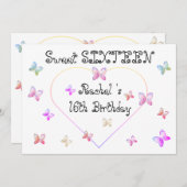 スウィートピンクハート蝶スウィート16誕生日 招待状 (正面/裏面)