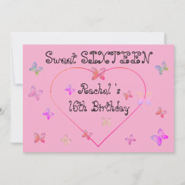 スウィートピンクハート蝶スウィート16誕生日 招待状