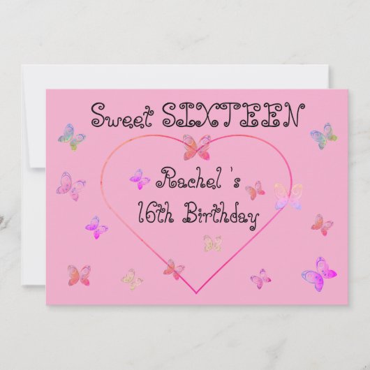スウィートピンクハート蝶スウィート16誕生日 招待状 (正面)