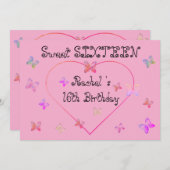 スウィートピンクハート蝶スウィート16誕生日 招待状 (正面/裏面)