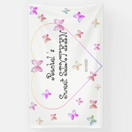 スウィートピンクハート蝶スウィート16誕生日 横断幕 (縦)