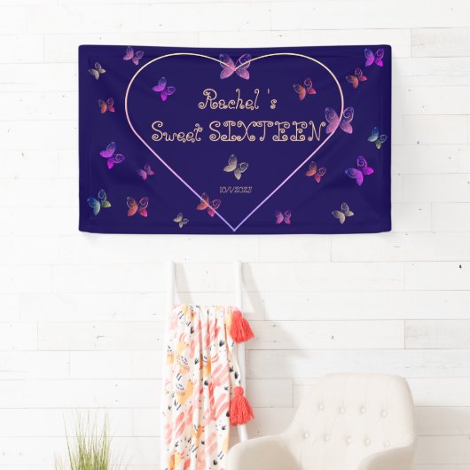 スウィートピンクハート蝶スウィート16誕生日 横断幕 (インサイチュ)