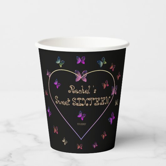 スウィートピンクハート蝶スウィート16誕生日 紙コップ (正面)