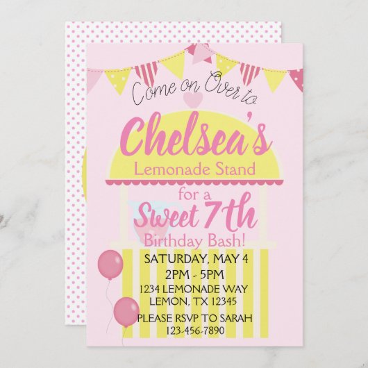 スウィートピンクレモネードスタンド女の子のための誕生日パーティー 招待状 (正面/裏面)