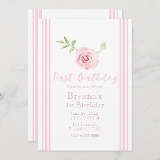 スウィートピンクローズフローラガールズファースト1歳 招待状 (正面/裏面)