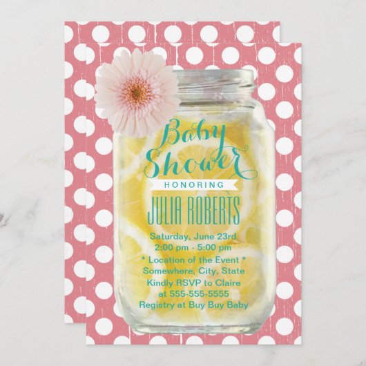 スウィートピンク水玉模様メイスンジャーブベビーシャワー 招待状 (正面/裏面)