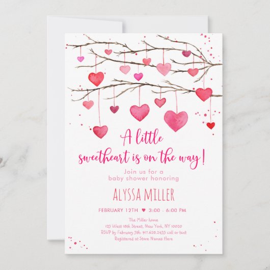 スウィートピンク赤いハートベビーシャワー 招待状 (正面)