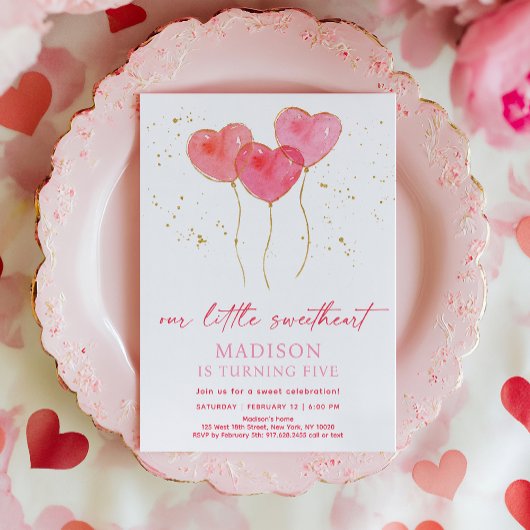 スウィートピンク金ゴールドハートバルーン誕生日 招待状