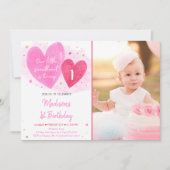 スウィートピンク金ゴールドハートファースト誕生日 招待状 (正面)