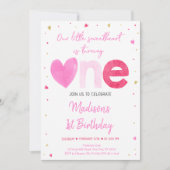 スウィートピンク金ゴールドハートファースト誕生日 招待状 (正面)