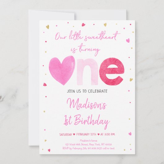 スウィートピンク金ゴールドハートファースト誕生日 招待状 (正面)