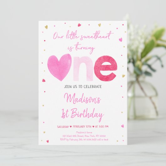 スウィートピンク金ゴールドハートファースト誕生日 招待状 (スタンド正面)