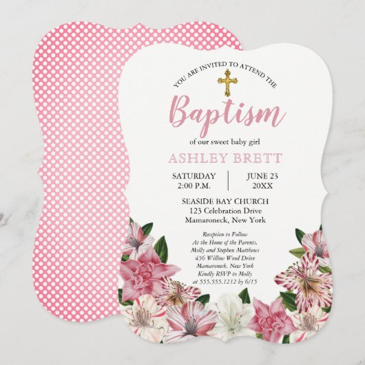 スウィートピンク | ホワイト ヴィンテージ フラワー 洗礼 招待状 (正面/裏面)