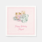 スウィートピンク&金ゴールドトロピカル葉スバースデーパーティー スタンダードカクテルナプキン (正面)