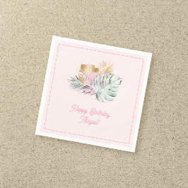 スウィートピンク&金ゴールドトロピカル葉スバースデーパーティー スタンダードカクテルナプキン