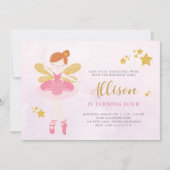 スウィートピンク&金ゴールドバレリナフェアリー誕生日インビタット 招待状 (正面)