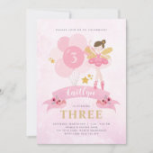 スウィートピンク&金ゴールドバレリナフェアリー誕生日 招待状 (正面)