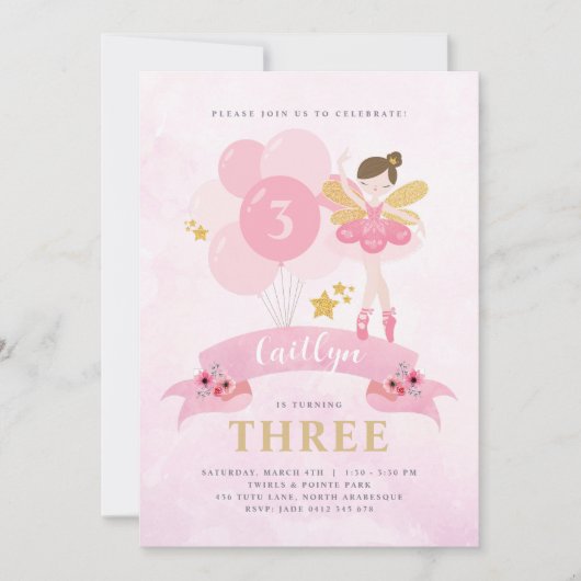スウィートピンク&金ゴールドバレリナフェアリー誕生日 招待状 (正面)