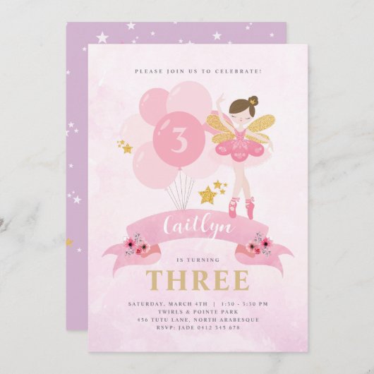 スウィートピンク&金ゴールドバレリナフェアリー誕生日 招待状 (正面/裏面)