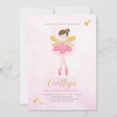 スウィートピンク&金ゴールドバレリナフェアリー誕生日 招待状 (正面)