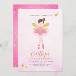 スウィートピンク&金ゴールドバレリナフェアリー誕生日 招待状
