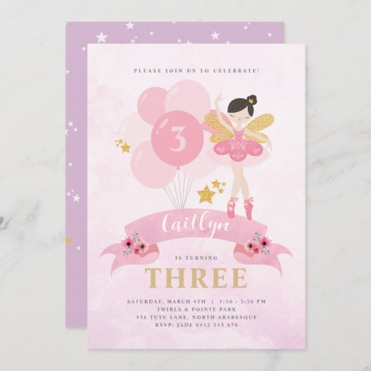 スウィートピンク&金ゴールドバレリナフェアリー誕生日 招待状 (正面/裏面)