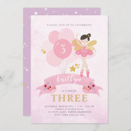 スウィートピンク&金ゴールドバレリナフェアリー誕生日 招待状