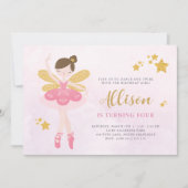 スウィートピンク&金ゴールドバレリナフェアリー誕生日 招待状 (正面)