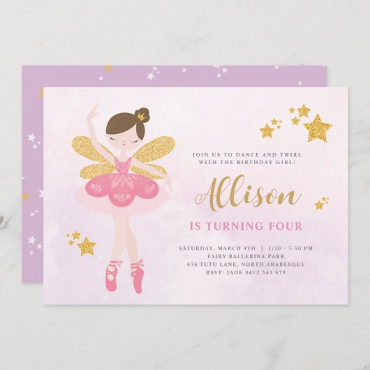 スウィートピンク&金ゴールドバレリナフェアリー誕生日 招待状 (正面/裏面)