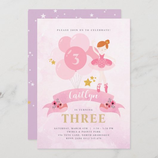 スウィートピンク&金ゴールドバレリーナ誕生日招待状 招待状 (正面/裏面)