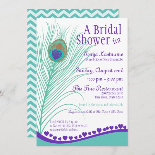 スウィートピーコックフェザーブライダルシャワー 招待状 (正面/裏面)