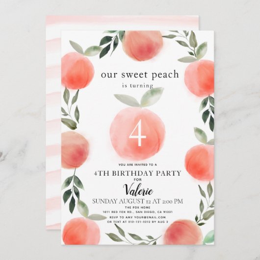 スウィートピーチウォーターカラー誕生日招待状 招待状 (正面/裏面)
