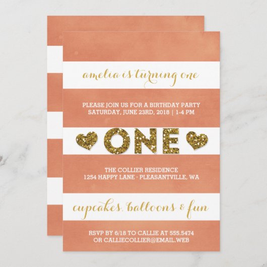 スウィートピーチストライプズ最初の誕生日パーティー 招待状 (正面/裏面)