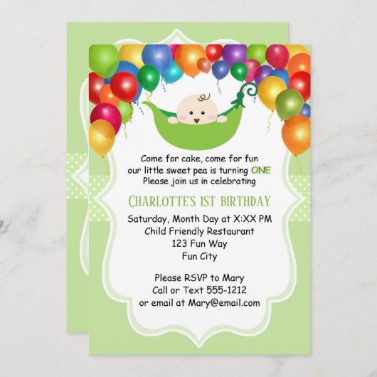 スウィートピーファースト誕生日 招待状 (正面/裏面)